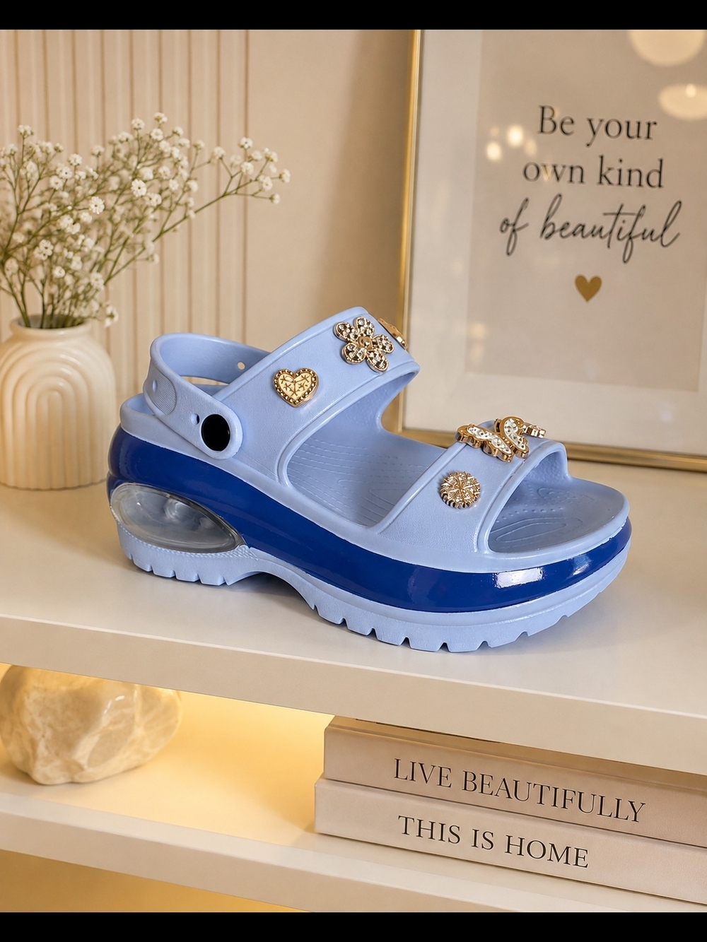Light Blue Platform Clog Sandals with Gold Butterfly Charms Size 6